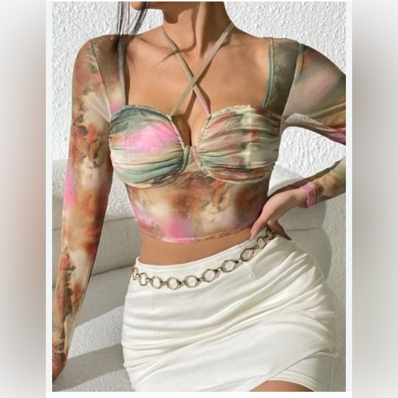 Watercolor mesh corset style halter crop top long sleeve sheer size XS E49 - Picture 1 of 7